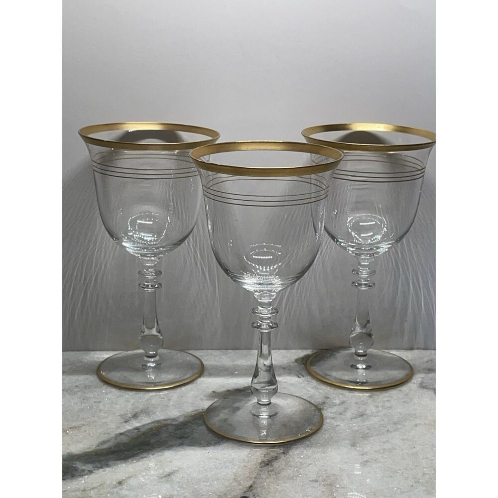 3 Glastonbury Lotus Gold Band Wine Water Goblets Glasses 6.75" Tall Blown Glass